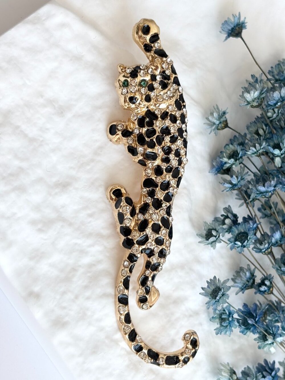 Climbling Leopard Figural Gold Toned Black Rhinestone Vintage Insp Brooch Pin